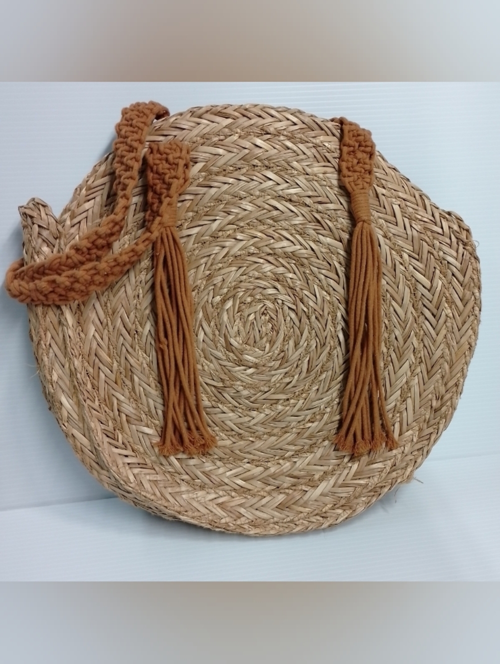 Woven Round Universal Thread Straw Tote with Brown Tassel Strap